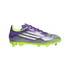 Side view of a purple and neon green Adidas F50 soccer cleat with white stripes on a black background.