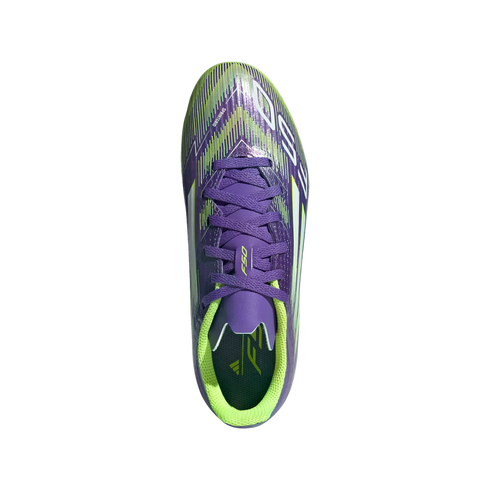 Top-down view of a purple and lime green Adidas F50 soccer cleat against a black background.