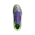 Top-down view of a purple and lime green Adidas F50 soccer cleat against a black background.
