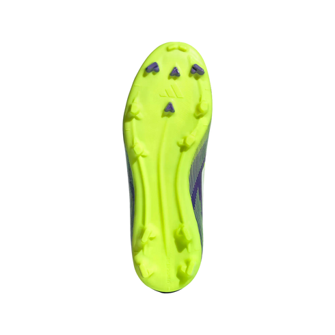 Bottom view of a neon yellow Adidas soccer cleat featuring purple studs.