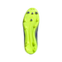 Bottom view of a neon yellow Adidas soccer cleat featuring purple studs.