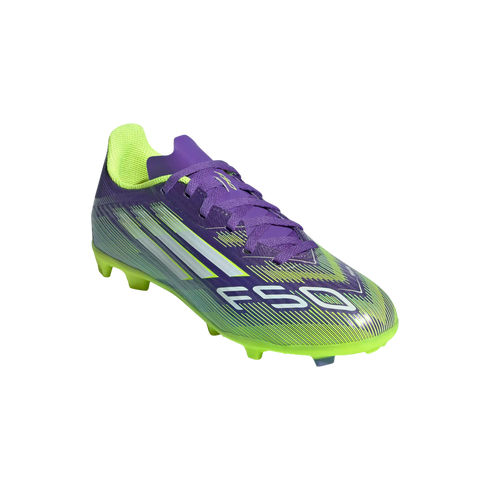 An Adidas F50 soccer cleat in vibrant purple and lime green with white accents, angled against a solid black background.