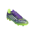 An Adidas F50 soccer cleat in vibrant purple and lime green with white accents, angled against a solid black background.