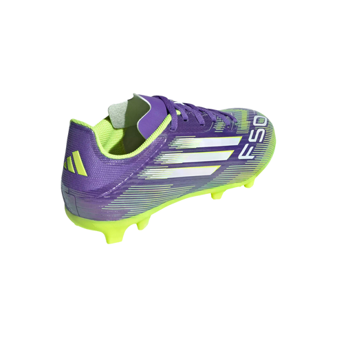 An Adidas F50 soccer cleat in purple and lime green with white stripes, shown from a rear three-quarter angle.