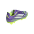 An Adidas F50 soccer cleat in purple and lime green with white stripes, shown from a rear three-quarter angle.