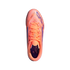 Top-down view of a bright orange Adidas F50 soccer cleat with purple details, set against a black background.