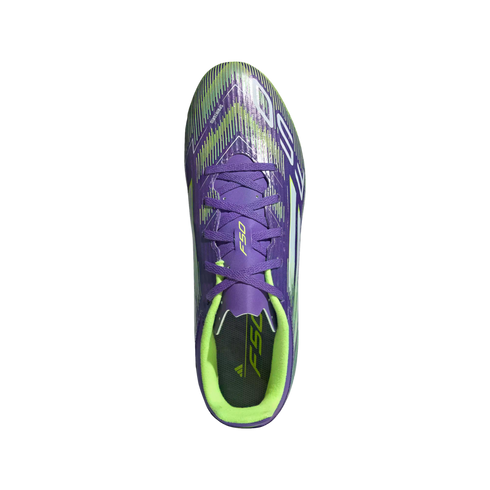 Top-down view of a purple Adidas F50 soccer cleat with neon green accents on a black background.