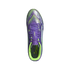 Top-down view of a purple Adidas F50 soccer cleat with neon green accents on a black background.