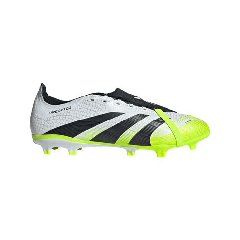 Side profile of an Adidas Predator soccer cleat featuring a white textured upper, three bold black stripes, and vibrant lime green accents on the soleplate.