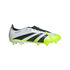 Side profile of an Adidas Predator soccer cleat featuring a white textured upper, three bold black stripes, and vibrant lime green accents on the soleplate.