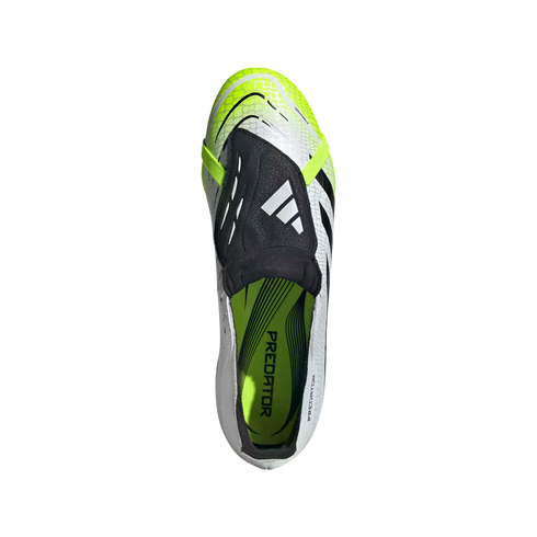 Top-down view of a white Adidas Predator soccer cleat with black and neon yellow accents against a solid black background.