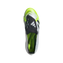 Top-down view of a white Adidas Predator soccer cleat with black and neon yellow accents against a solid black background.