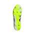 Bottom view of a neon yellow and white Adidas Predator soccer cleat showing the stud pattern and embossed "PREDATOR" branding on a black background.
