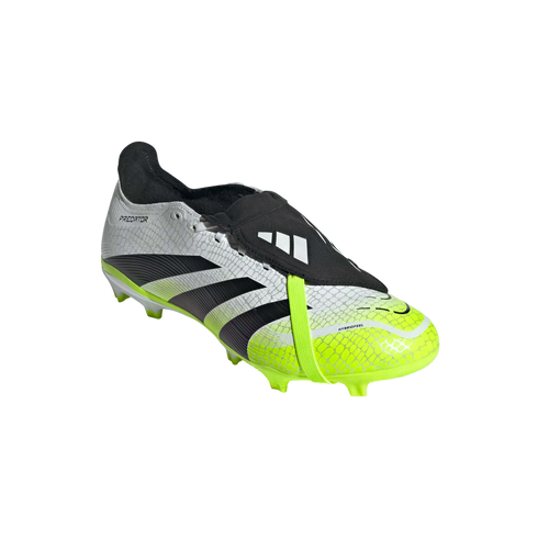 An Adidas Predator soccer cleat with a white and neon yellow snakeskin-textured upper, black stripes, and a fold-over tongue secured by a neon yellow strap.