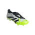 An Adidas Predator soccer cleat with a white and neon yellow snakeskin-textured upper, black stripes, and a fold-over tongue secured by a neon yellow strap.