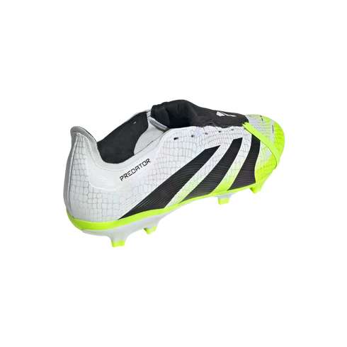 A white Adidas Predator soccer cleat with black stripes and neon green accents, featuring a snakeskin-textured upper.
