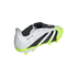 A white Adidas Predator soccer cleat with black stripes and neon green accents, featuring a snakeskin-textured upper.