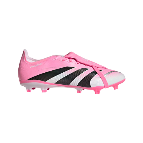 Kids' pink and white Adidas Predator Beckham soccer cleats featuring black stripes and a fold-over tongue.