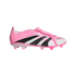 Kids' pink and white Adidas Predator Beckham soccer cleats featuring black stripes and a fold-over tongue.