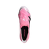 Top-down view of a pink Adidas soccer cleat with "BECKHAM" on the fold-over tongue. It features silver accents and black stripes.
