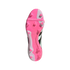 Bottom view of a pink and white Adidas Predator soccer cleat sole with triangular studs and embossed 'PREDATOR' text on a black background.
