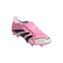 A pink Adidas Predator soccer cleat with "BECKHAM" on the fold-over tongue and black and white stripes, isolated on a black background.