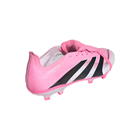 A vibrant pink Adidas Predator soccer cleat with black and white stripes and a fold-over tongue. It is shown from a side-rear angle against a solid black background.