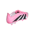 A vibrant pink Adidas Predator soccer cleat with black and white stripes and a fold-over tongue. It is shown from a side-rear angle against a solid black background.