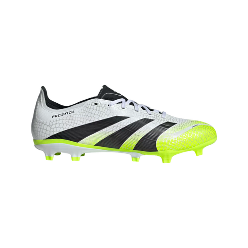 Side profile of a white and neon yellow Adidas Predator soccer cleat with black stripes and a textured upper.