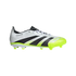 Side profile of a white and neon yellow Adidas Predator soccer cleat with black stripes and a textured upper.