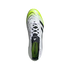 Top-down view of a white Adidas Predator soccer cleat with neon yellow accents and a scaled texture on a black background.