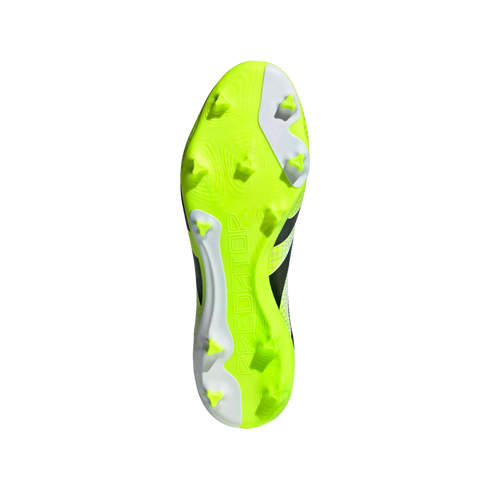 The underside of a neon yellow and white soccer cleat with triangular studs. The word 'PREDATOR' is embossed vertically along the sole against a black background.