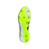 The underside of a neon yellow and white soccer cleat with triangular studs. The word 'PREDATOR' is embossed vertically along the sole against a black background.