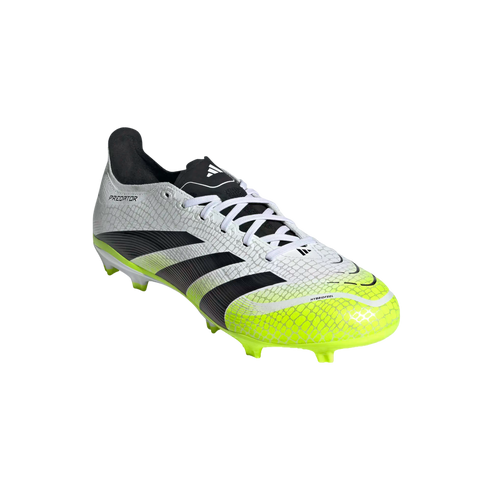 An Adidas Predator soccer cleat with a white and neon yellow scaly texture, black stripes, and white laces, set against a solid black background.