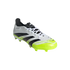 An Adidas Predator soccer cleat with a white and neon yellow scaly texture, black stripes, and white laces, set against a solid black background.