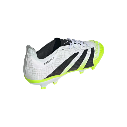 An Adidas Predator soccer cleat featuring a white textured upper, three black stripes, and neon yellow accents on a black background.