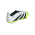 An Adidas Predator soccer cleat featuring a white textured upper, three black stripes, and neon yellow accents on a black background.
