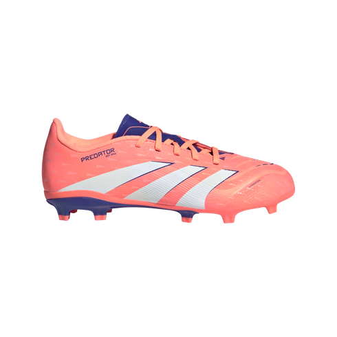 A profile view of a bright pink and purple Adidas Predator soccer cleat with three white stripes, set against a solid black background.