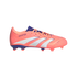 A profile view of a bright pink and purple Adidas Predator soccer cleat with three white stripes, set against a solid black background.