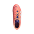 Top-down view of a pink Adidas Predator soccer cleat with navy blue tongue and laces, featuring white side stripes, on a black background.