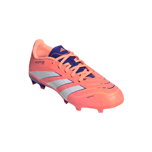 A coral-colored Adidas Predator soccer cleat with white stripes and purple accents, shown from a side angle against a solid black background.