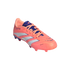 A coral-colored Adidas Predator soccer cleat with white stripes and purple accents, shown from a side angle against a solid black background.