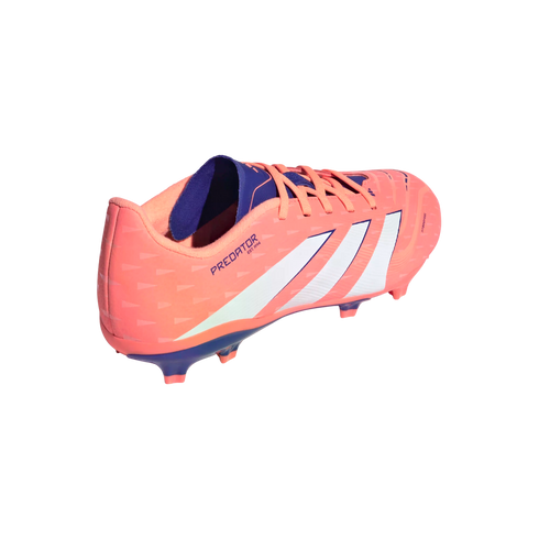 Rear side view of a peach Adidas Predator soccer cleat with white stripes and purple accents on a black background.