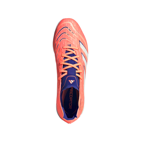 Top-down view of a coral and blue Adidas Predator soccer cleat with white stripes, centered on a solid black background.