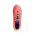Top-down view of a bright coral Adidas Predator soccer cleat with navy blue and white accents on a solid black background.