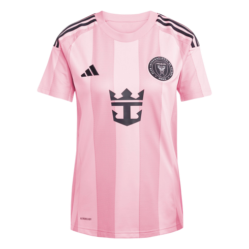 A pink Inter Miami CF home jersey by Adidas featuring the team crest, Royal Caribbean logo, and signature black three-stripes on the shoulders.