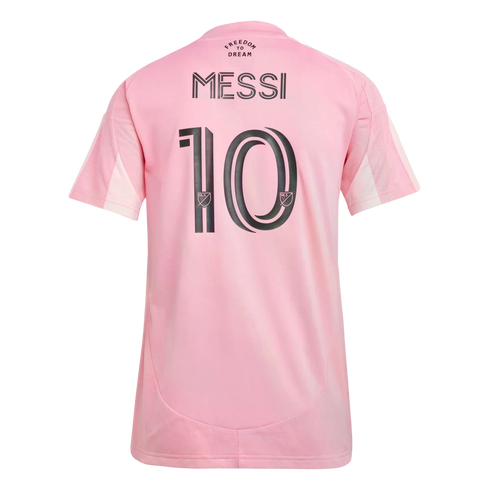 The back of a pink soccer jersey with "MESSI" and the number "10" in black. "FREEDOM TO DREAM" is printed on the upper back.