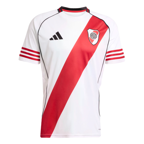 A white Adidas football jersey featuring a diagonal red sash, a team crest on the left chest, and three horizontal red stripes on each sleeve.