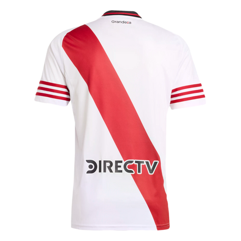 Back of a white River Plate soccer jersey with a red diagonal sash, red-striped sleeves, and a DIRECTV logo.