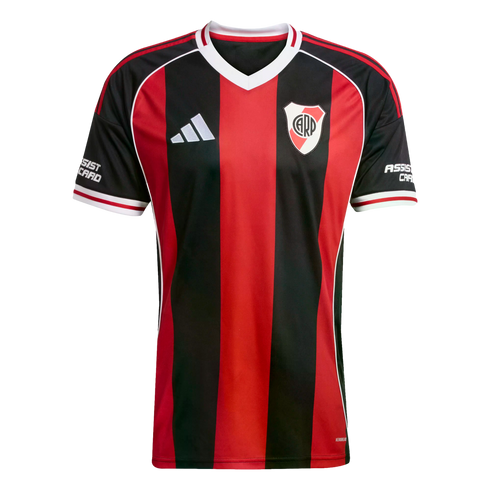 Adidas River Plate soccer jersey with red and black vertical stripes, featuring the club crest and white collar details.